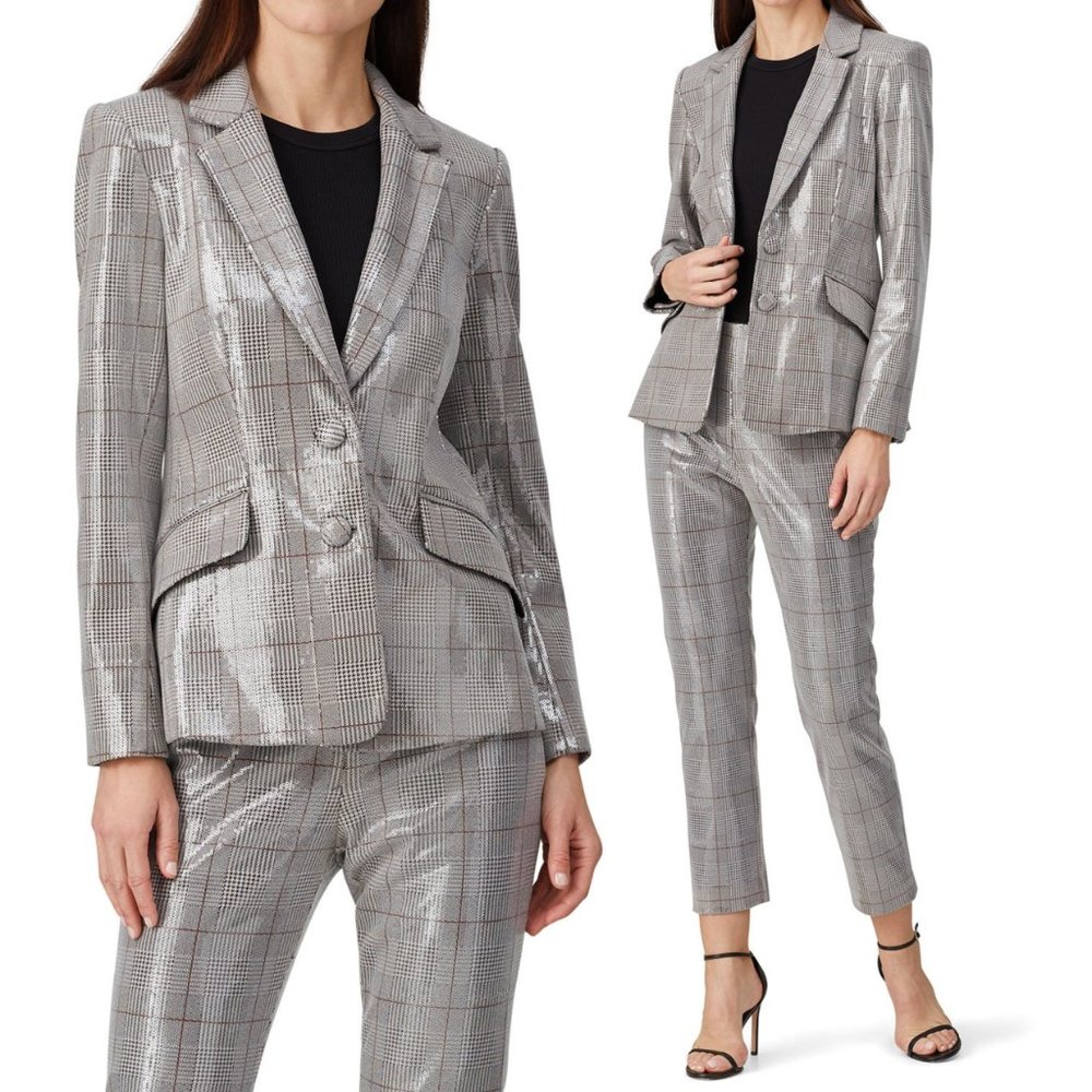 $495 NWT BADGLEY MISCHKA Plaid Blazer Silver Coat XS Button down Sparkle Chic - Picture 6 of 14